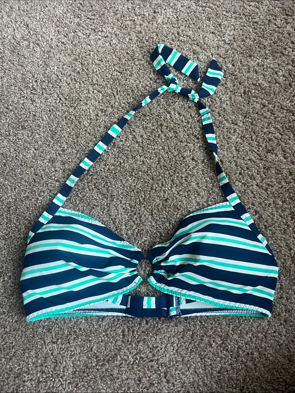 Lands End Striped Navy & Teal Halter Bikini Top Size 36b